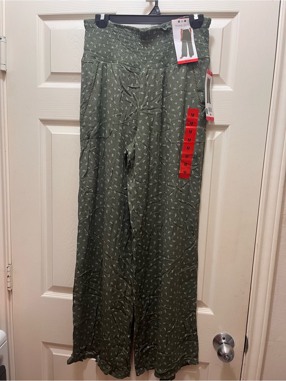 Three Dots Olive Green Wide-Leg Pants with Micro Print